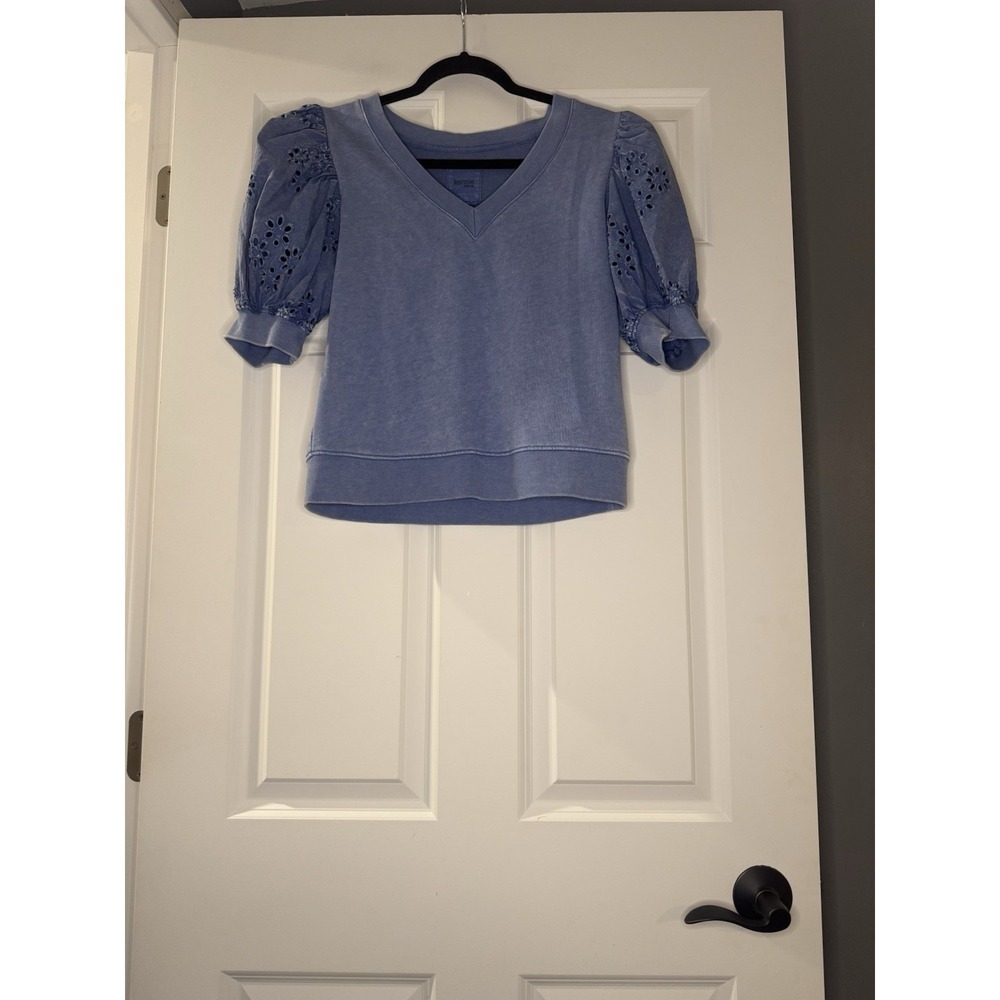 Kensie Eyelet Puff Sleeve V Neck Pullover Sweatshirt Blue Medium Nwt 68